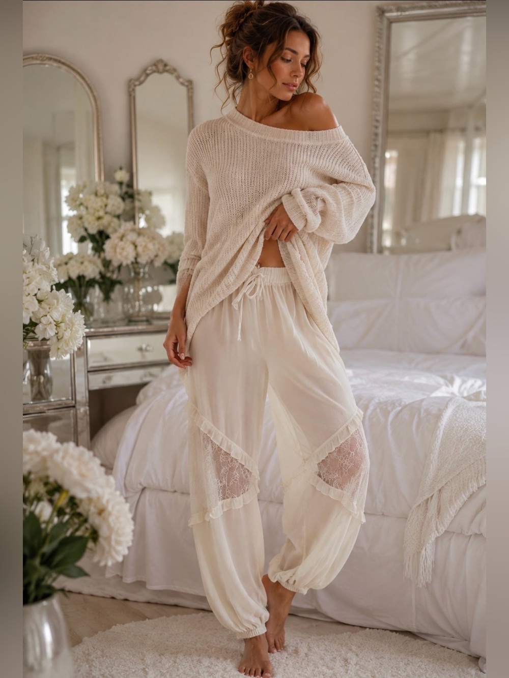 NWT Lyrebird by Anthropology Sheer Lace-Trim Balloon Lounge Pants in Eggnog